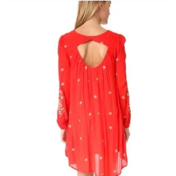 Free People Sweet Tennessee Red Dress. Embroidered mini boho dress. - Picture 3 of 7